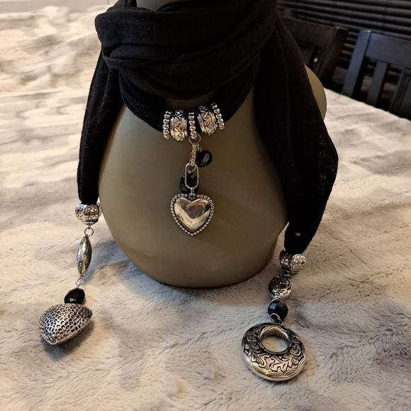 Black Scarf With Silver Charms & Embellishments - Picture 2 of 5